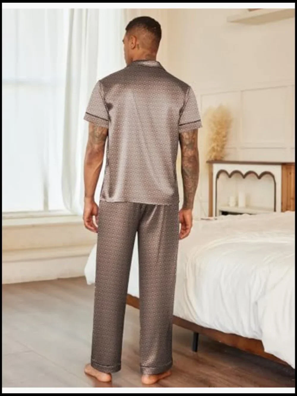 Men's Satin Pajama Set Short Sleeve Button Down Sleepwear Lounge Set